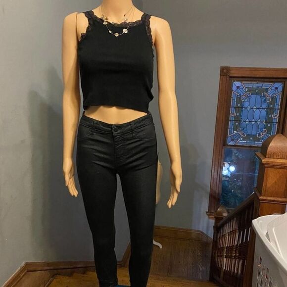 Free People High-Rise, High-Waisted Black Sparkle Glitter grunge Jeans - Sz 25 - Picture 3 of 11